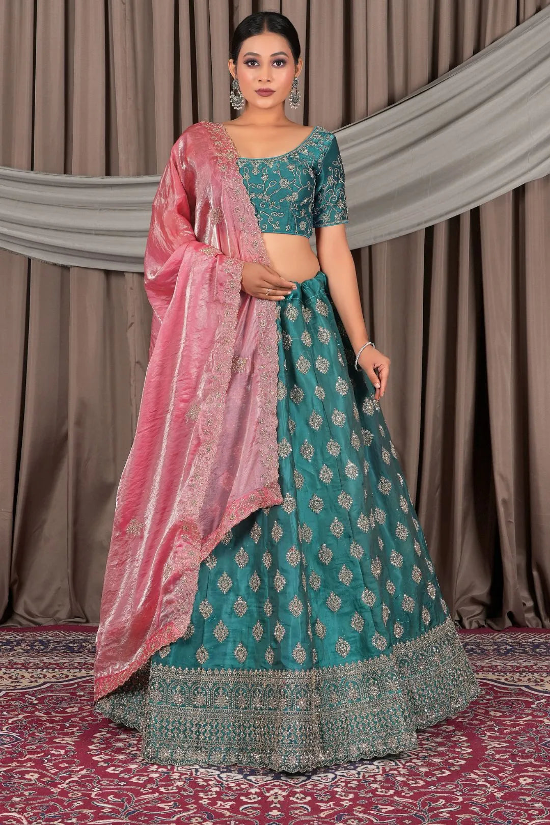 Sea Green Fendy Silk Semi-Stitched Lehenga For Women