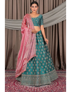 Sea Green Fendy Silk Semi-Stitched Lehenga For Women