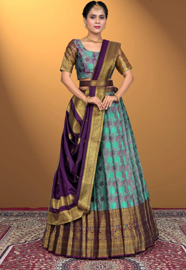 Sea Green Jacquard Silk With Digital Print Latest Lehenga Choli