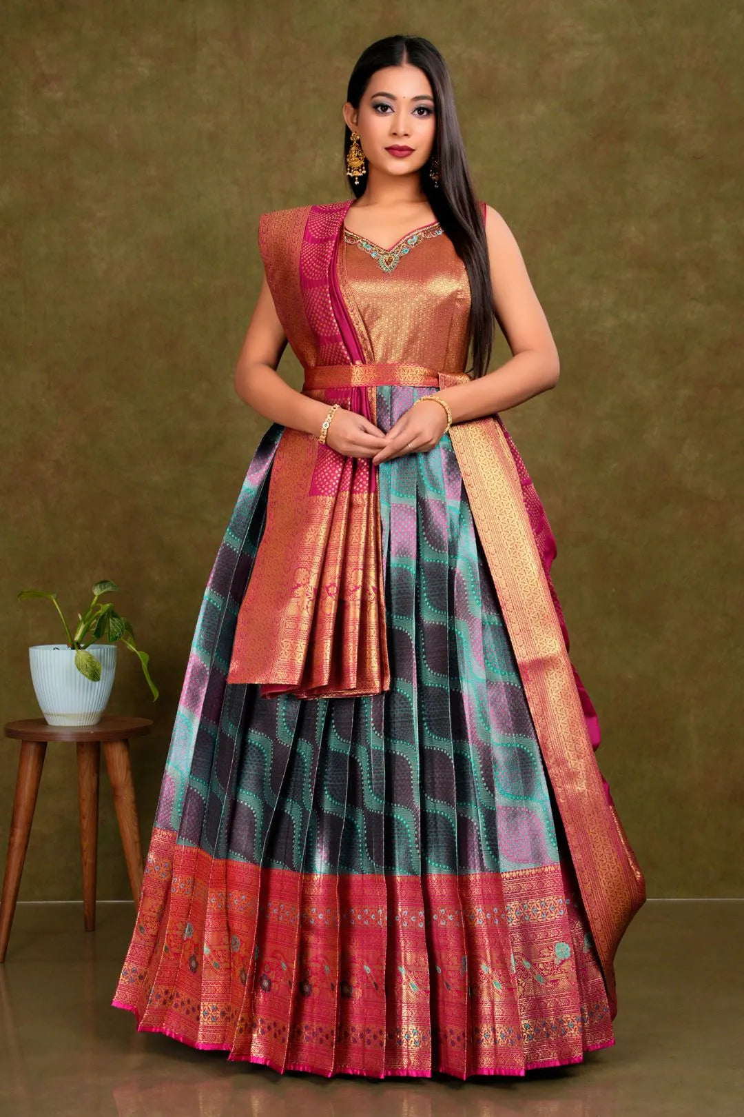 Sea Green Long Banarasi Silk Gown With Dupatta