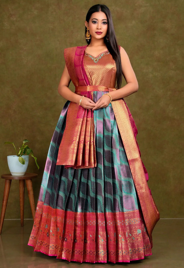 Sea Green Long Banarasi Silk Gown With Dupatta