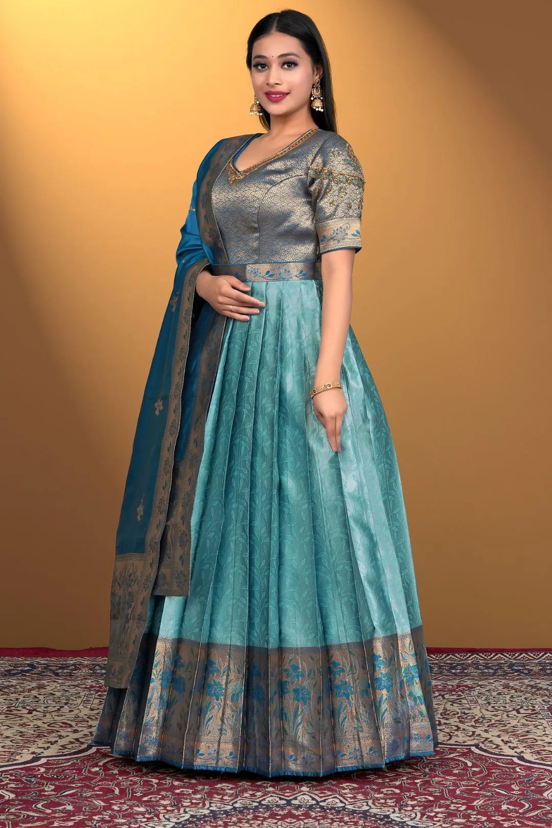 Sea Green Long Gown Banarasi Silk Zari Weaving