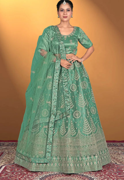 Sea Green Net Lehenga Choli For Women With Embroidery Work