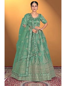Sea Green Net Lehenga Choli For Women With Embroidery Work
