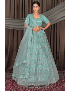 Sea Green Net Lehenga Choli With Embroidery Work