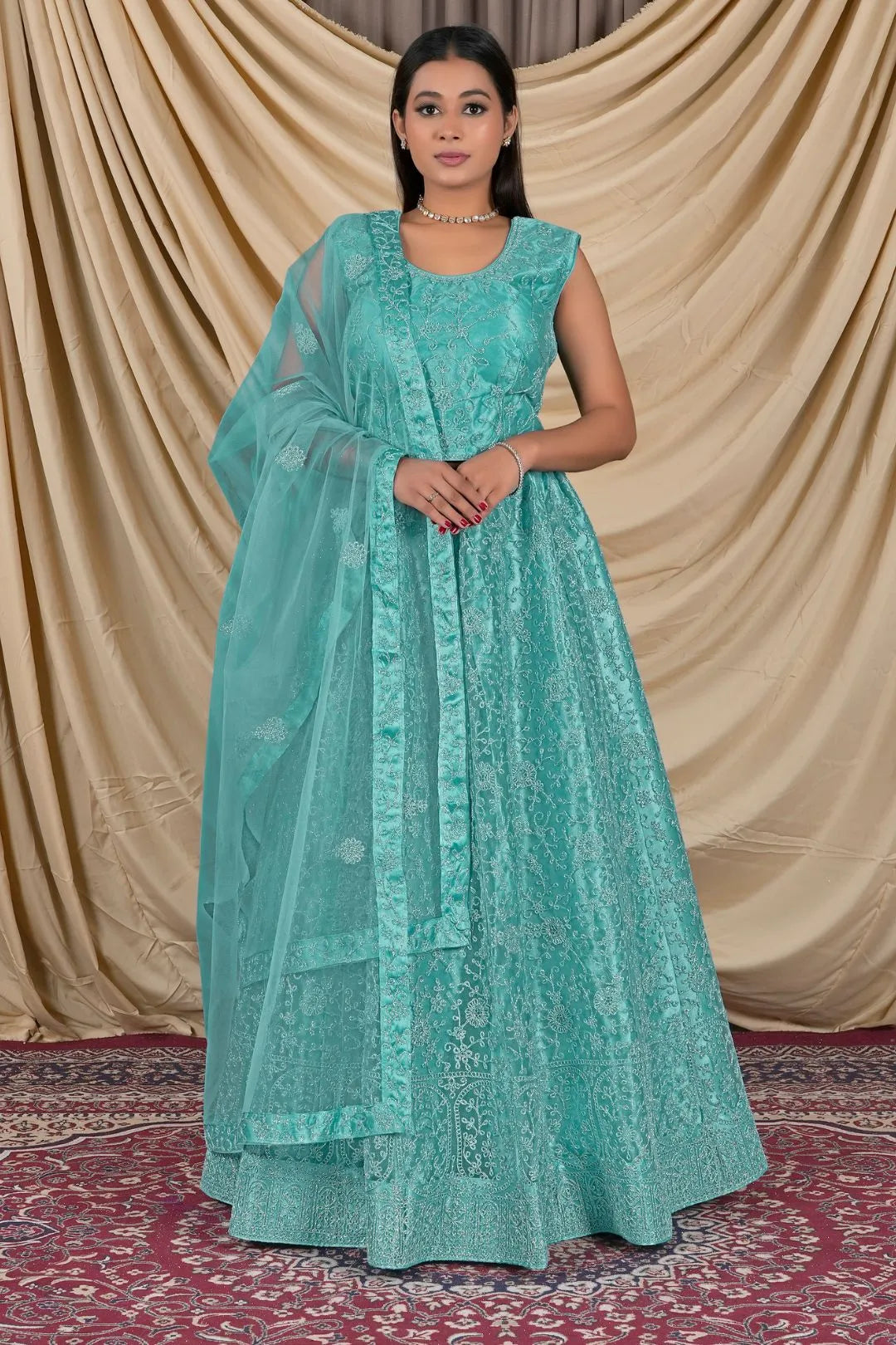 Sea Green Net Readymade Lehenga Choli For Girls