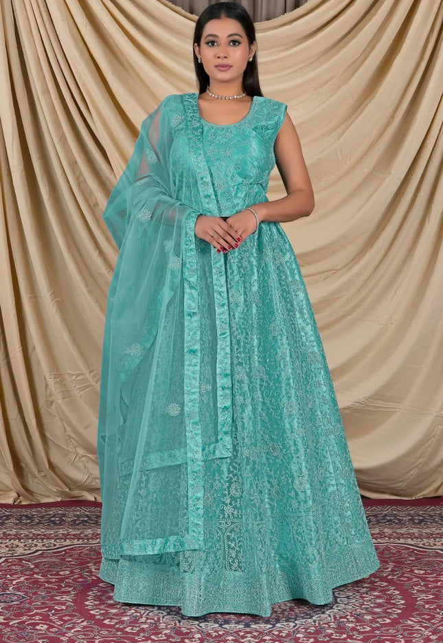 Sea Green Net Readymade Lehenga Choli For Girls