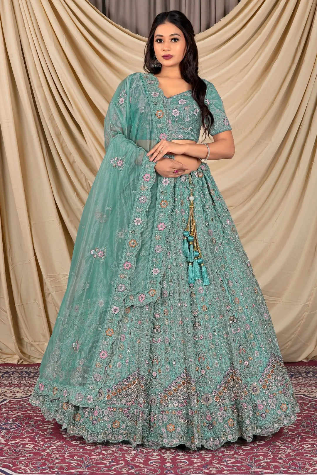 Sea Green Party Wear Embroidered Twill Net Lehenga Choli For Women