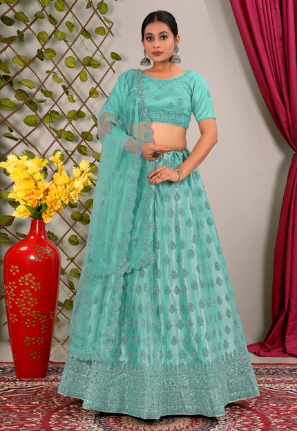 Sea Green Party Wear Net Lehenga Choli For Weddings Gajiwala
