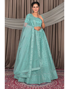 Sea Green Party Wear Net Lehenga Choli For Women