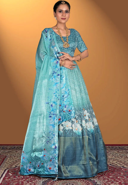 Sea Green Satin Jacquard Lehenga Choli For Women