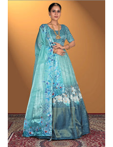 Sea Green Satin Jacquard Lehenga Choli For Women