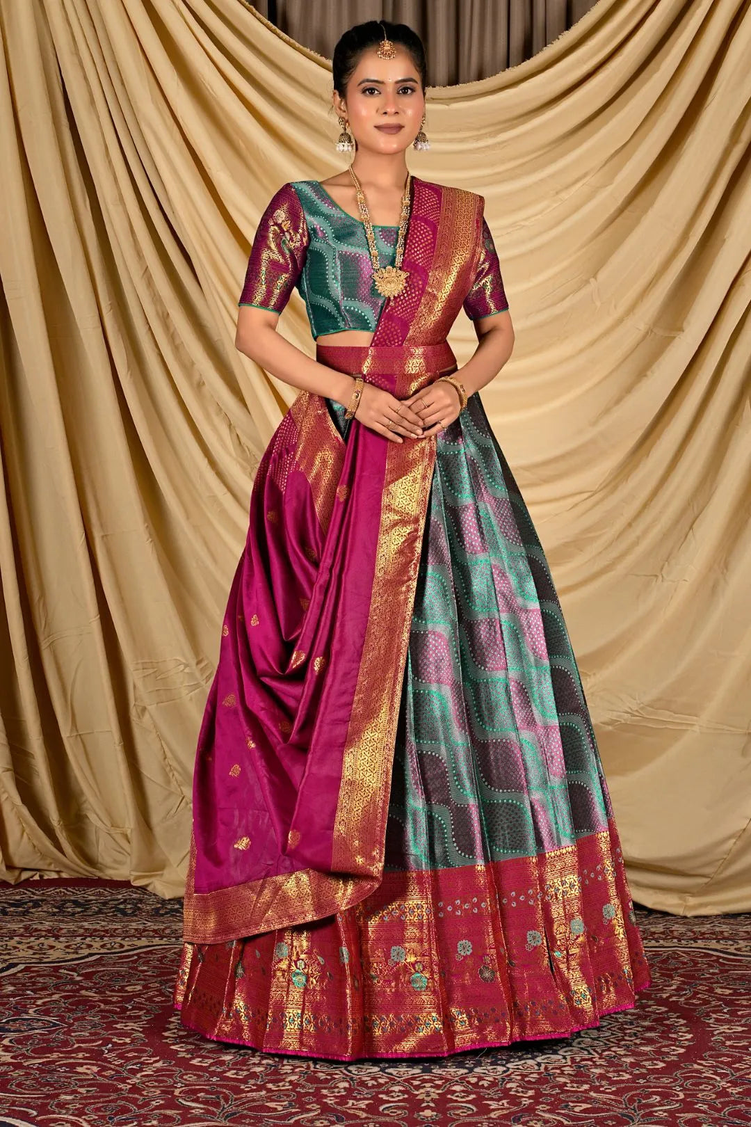 Sea Green Silk Half Saree Lehenga With Zari work