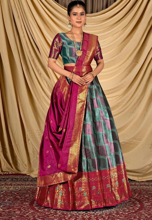 Sea Green Silk Half Saree Lehenga With Zari work