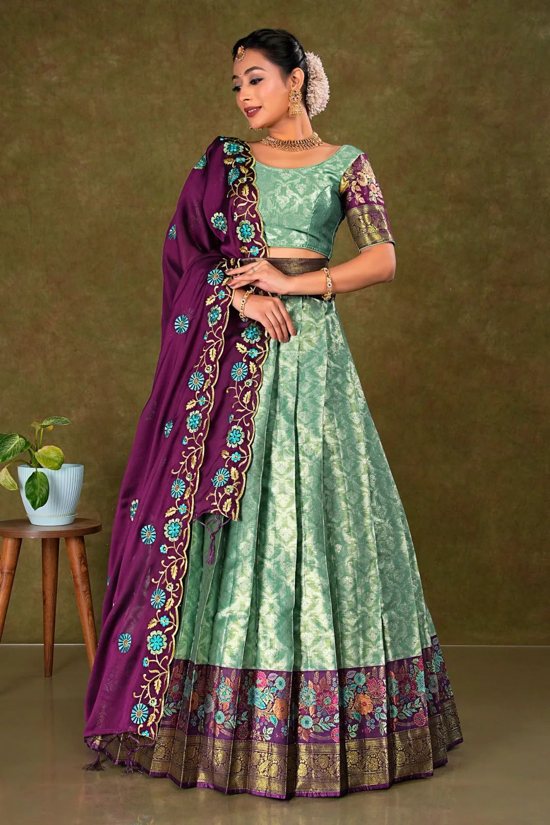 Sea Green Banarasi Silk Lehenga Choli With Zari Woven