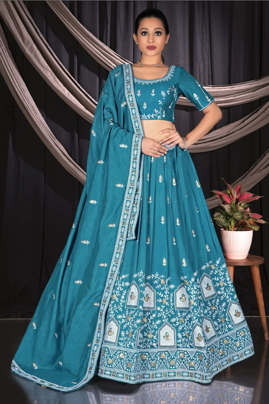 Sea Green Vichitra Silk Crop Top Lehenga For Women