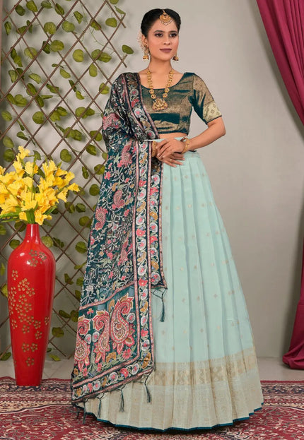 Woman in traditional outfit with floral patterns lehenga choli with dupatta