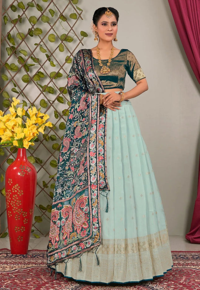 Sea Green Viscose Semi-Stitched Lehenga For Women