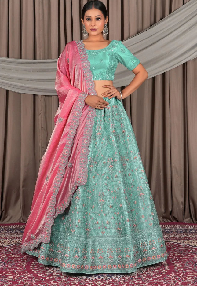 Sea Green Wedding Wear Embroidered Net Lehenga Choli For Women