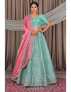 Sea Green Wedding Wear Embroidered Net Lehenga Choli For Women