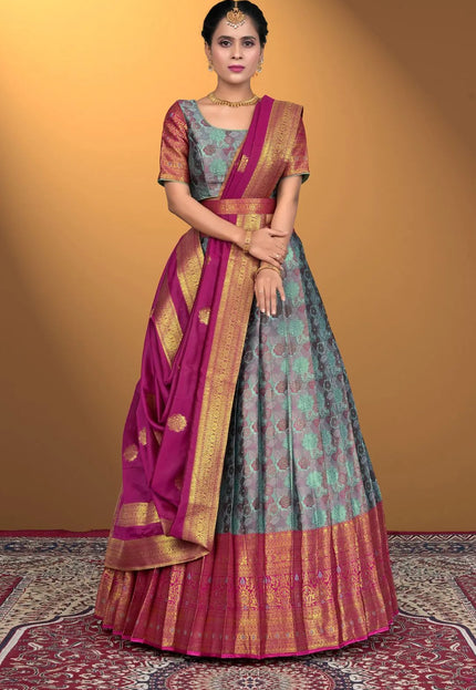 Sky Blue Jacquard Silk With Digital Print Latest Lehenga Choli