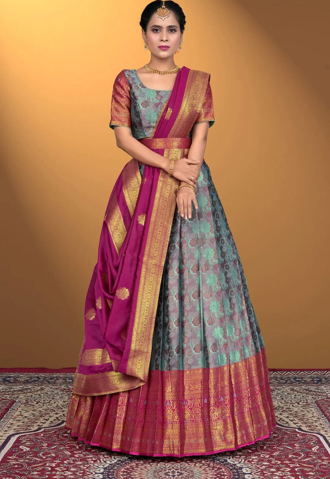 Sky Blue Jacquard Silk With Digital Print Latest Lehenga Choli