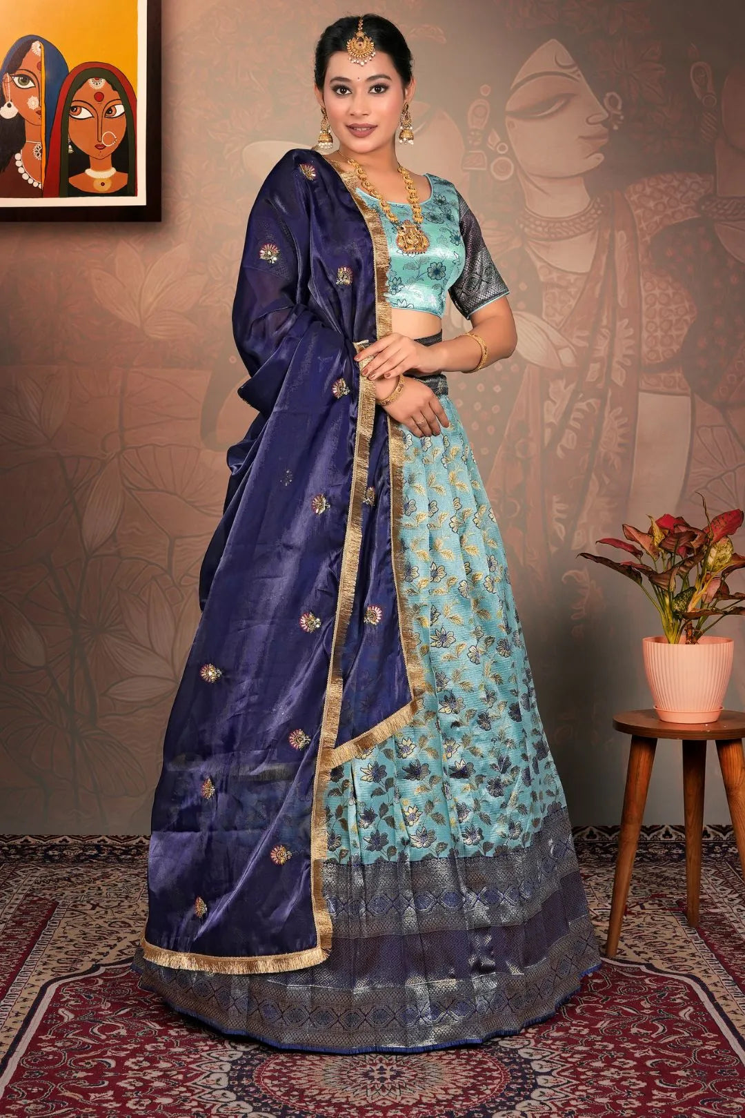 Sky Blue Banarasi Jacquard Silk Lehenga Choli for Women