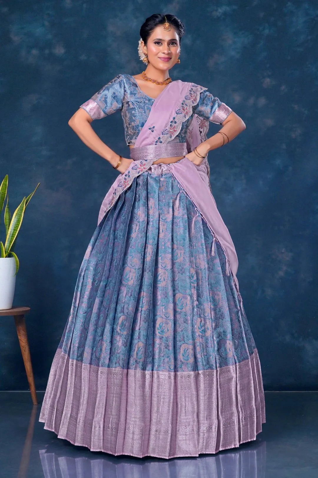 Sky Blue Banarasi Lehenga Choli With Lavender Dupatta