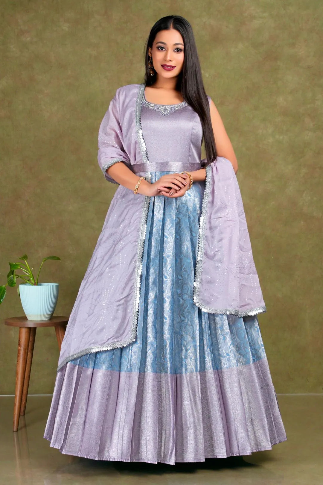 Sky Blue Banarasi Long Frock With Dupatta For Women