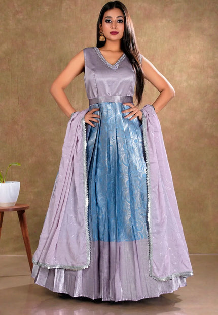 Sky Blue Banarasi Long Dress with Zari work for Women