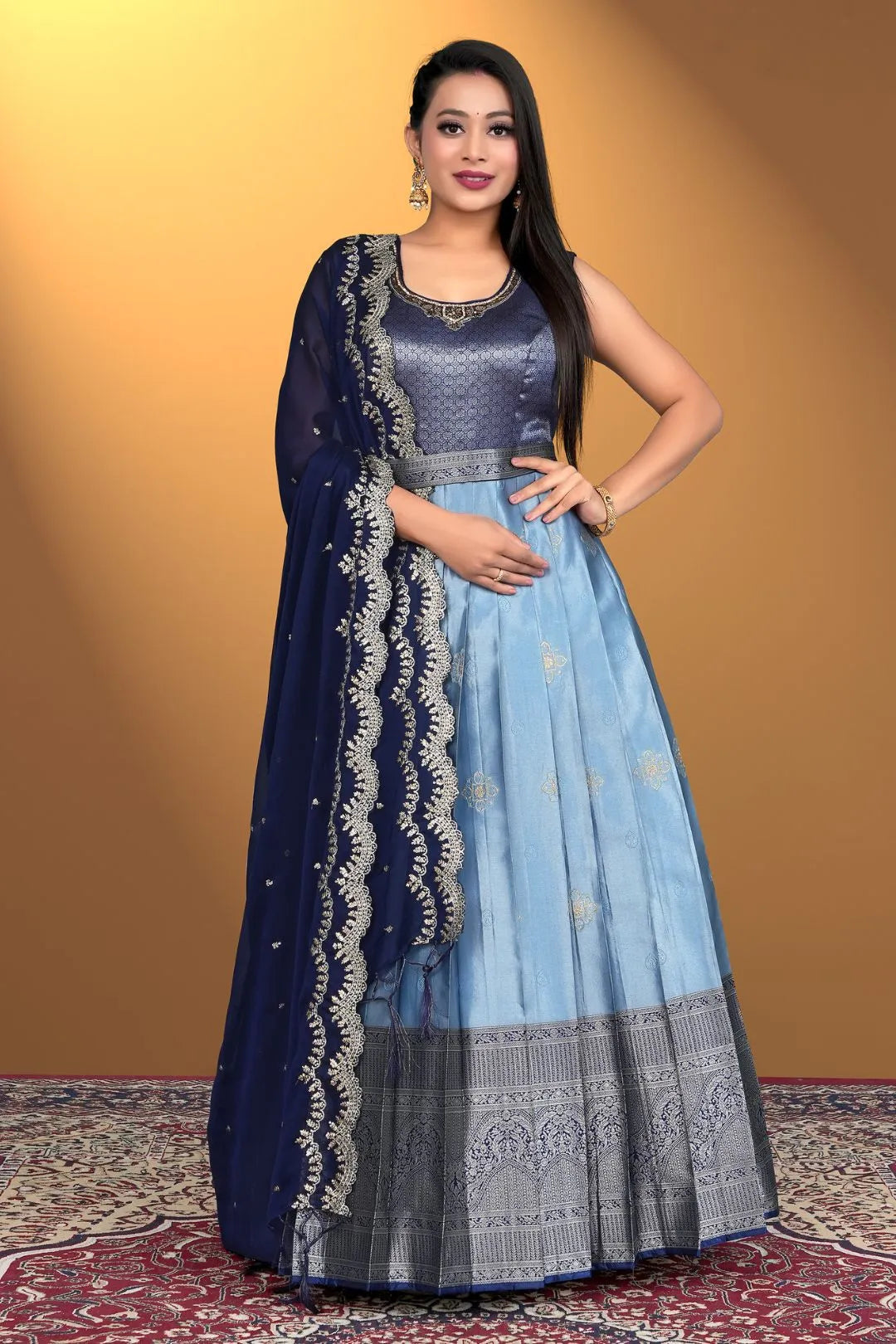 Sky Blue Banarasi Silk Zari Woven Gown With Dupatta For Women