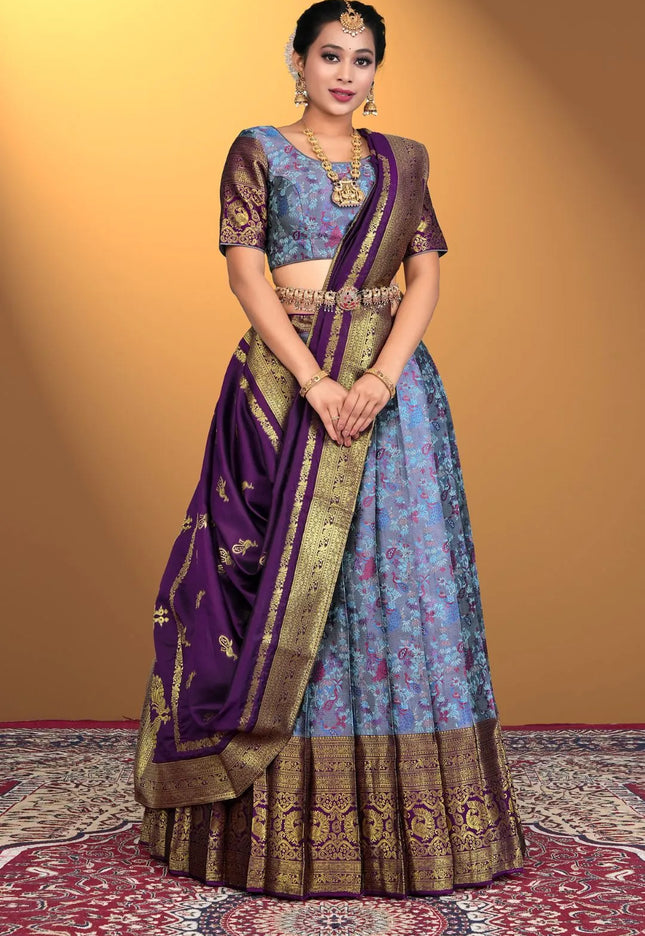 Sky Blue Banarasi Zari Silk Half Saree For Women