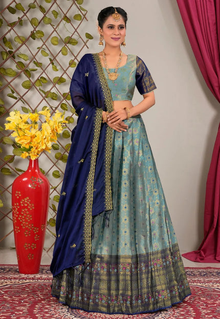 Sky Blue Banarasi Zari Silk Lehenga Choli for Women