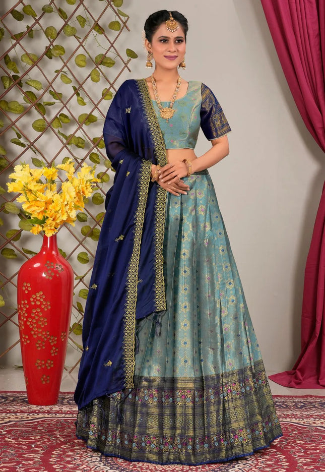 Sky Blue Banarasi Zari Silk Lehenga Choli for Women