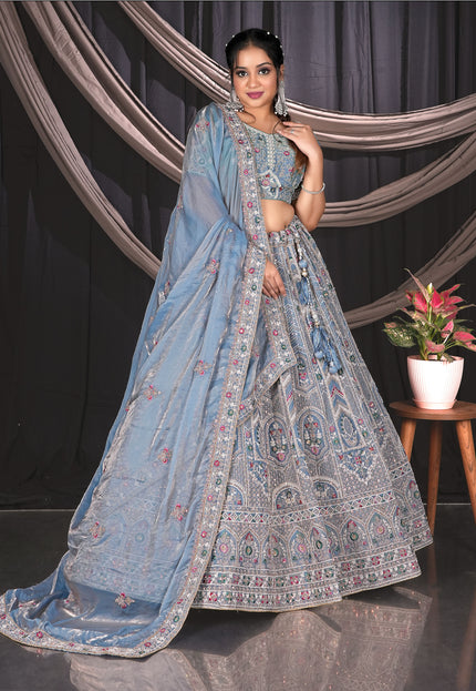 Sky Blue Colour Net Semi Stitch Lehenga Choli