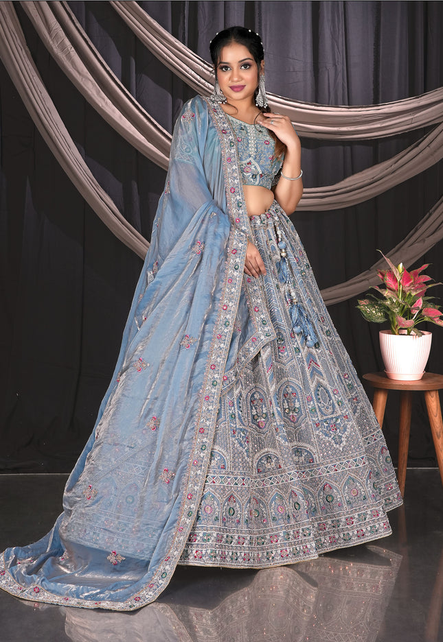 Sky Blue Colour Net Semi Stitch Lehenga Choli