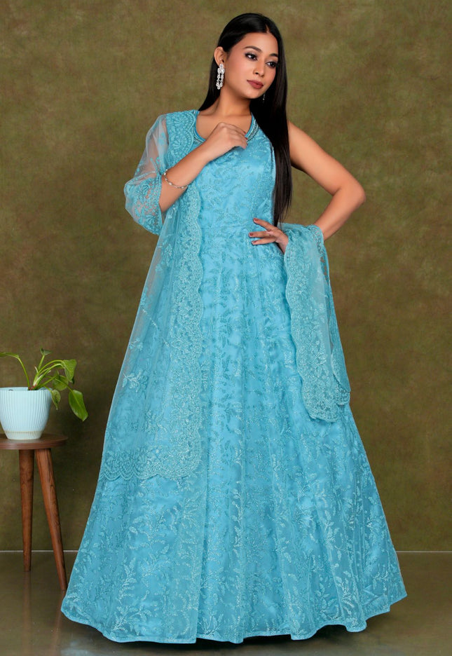 Woman wearing a embroidered Sky Blue Colour Party Wear Net Gown For Women