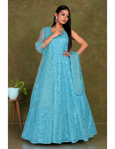 Woman wearing a embroidered Sky Blue Colour Party Wear Net Gown For Women
