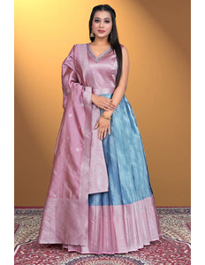 Sky Blue Designer Banarasi Gown With Dupatta