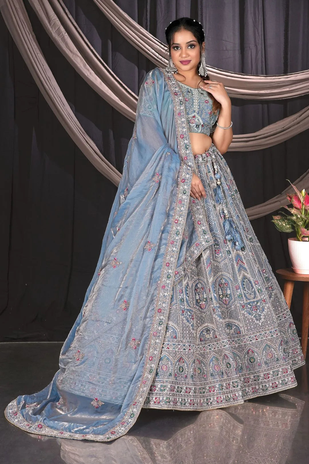 Sky Blue Embroidered Jimmy Chew Lehenga Choli For Weddings
