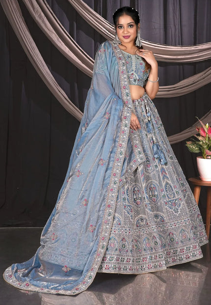 Sky Blue Embroidered Jimmy Chew Lehenga Choli For Weddings