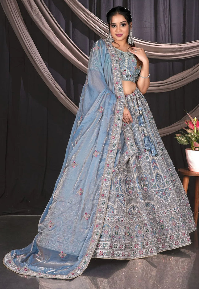 Sky Blue Embroidered Jimmy Chew Lehenga Choli For Weddings