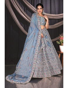 Sky Blue Embroidered Jimmy Chew Lehenga Choli For Weddings