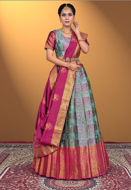 Woman wearing a traditional lehenga choli with a colorful pattern