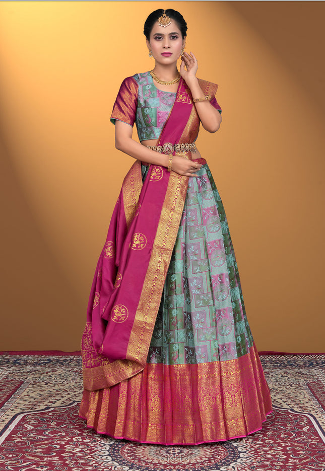 Woman wearing a traditional lehenga choli with a colorful pattern