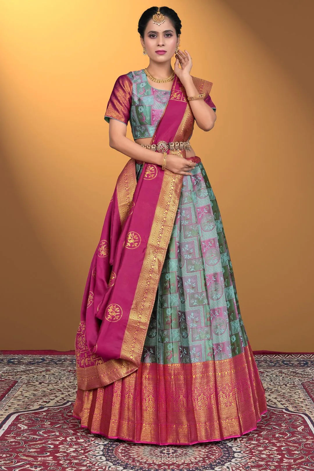 Sky Blue Jacquard Fabric Half Saree With Digital Print