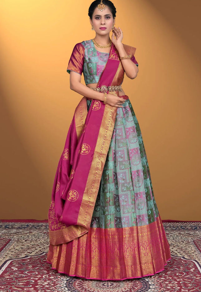 Sky Blue Jacquard Fabric Half Saree With Digital Print