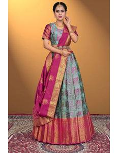 Sky Blue Jacquard Fabric Half Saree With Digital Print