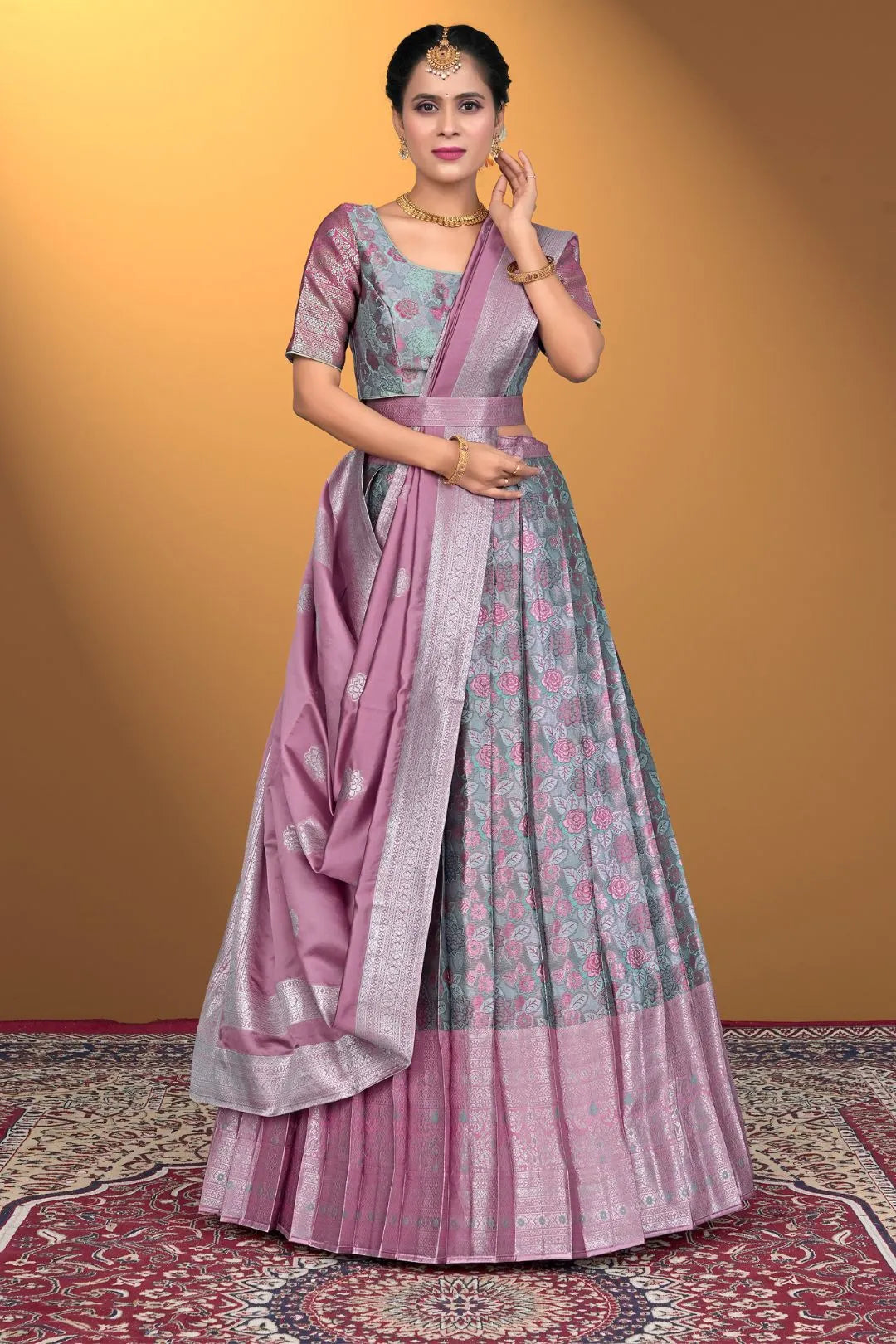 Sky Blue Jacquard Silk With Digital Print Latest Lehenga Choli