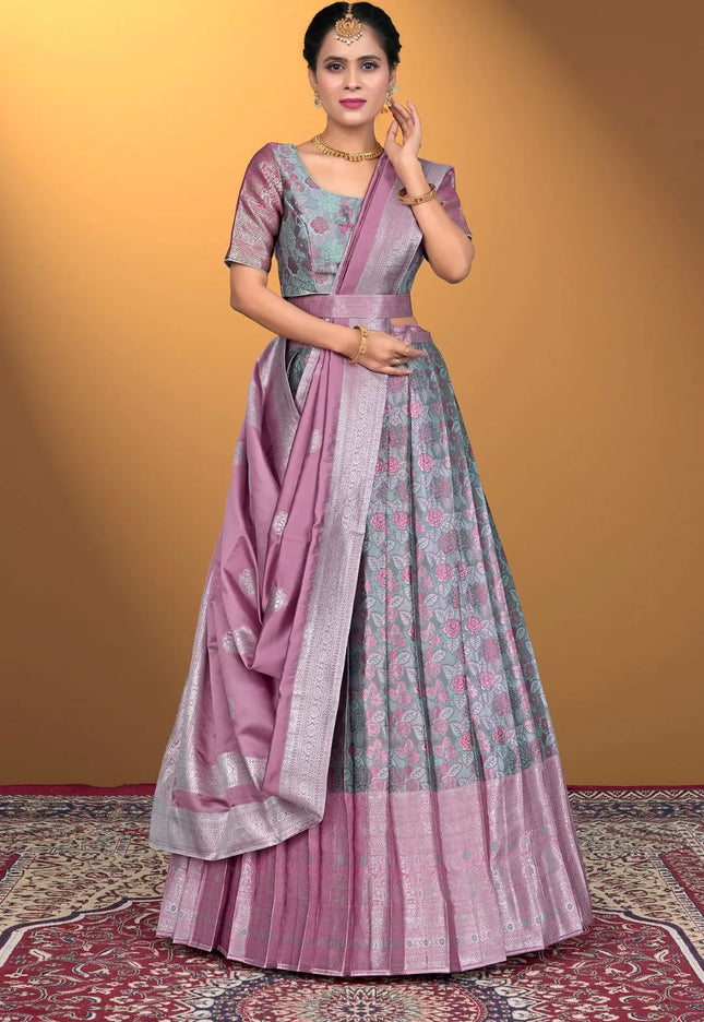 Sky Blue Jacquard Silk With Digital Print Latest Lehenga Choli